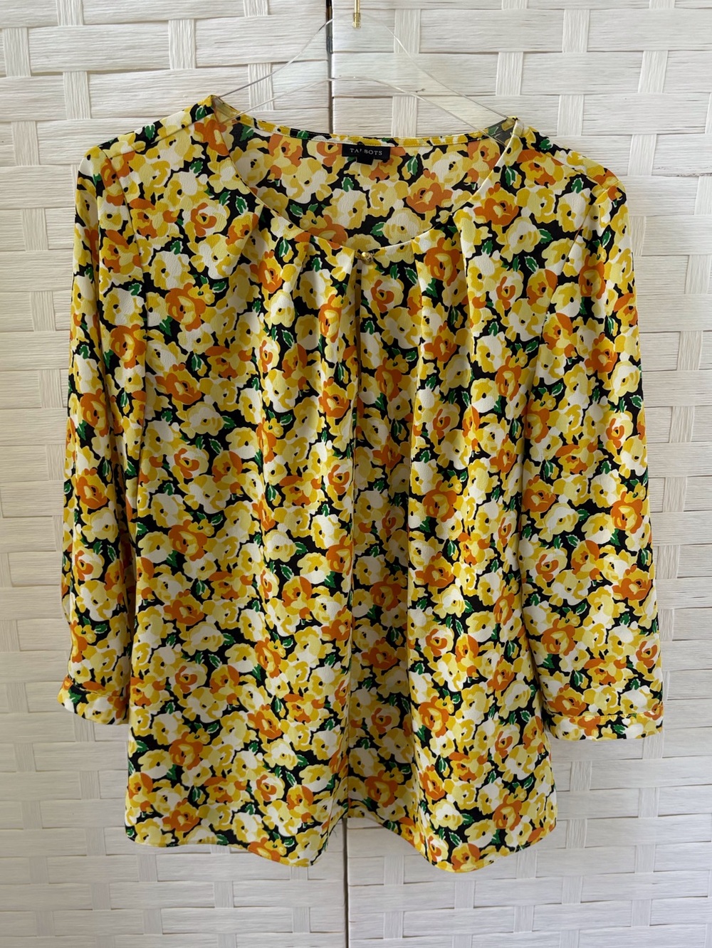 Talbots Size 12 Yellow Floral Long Sleeve Pleated Round Neck Top Career Church